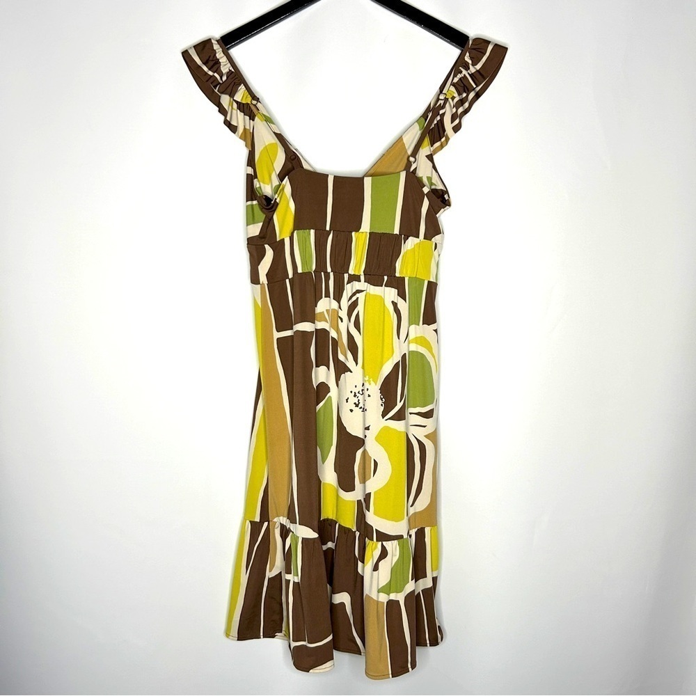 BCBGMaxAzria Women's Brown Green Beige Print Ruffled Sleeveless Dress Size XS